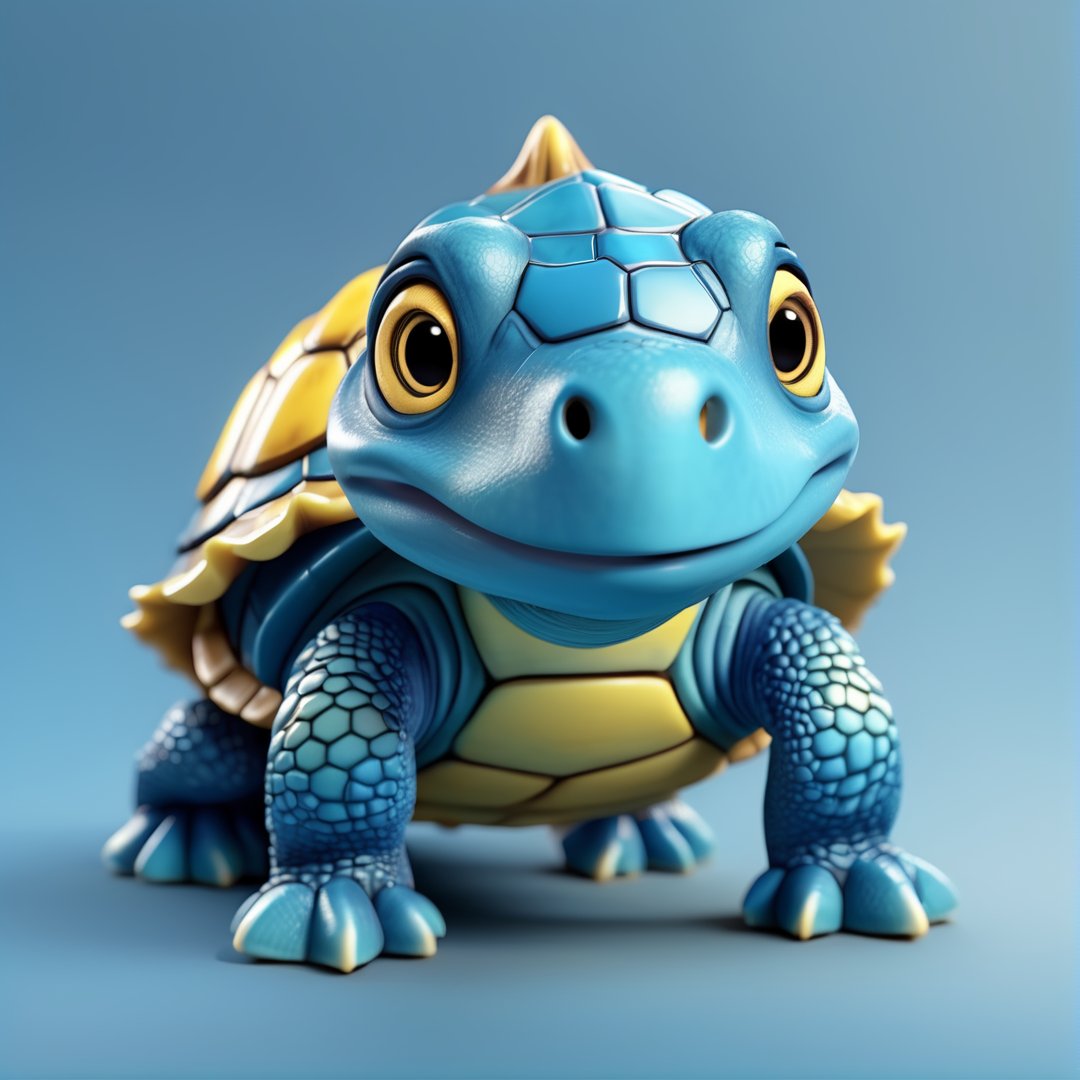 (full body) cute blue turtle, yellow shell, sharp eyes, extremely detailed, intricate details, muted color scheme, subtle gradients, photorealistic, 8k, 3d style,gabumon