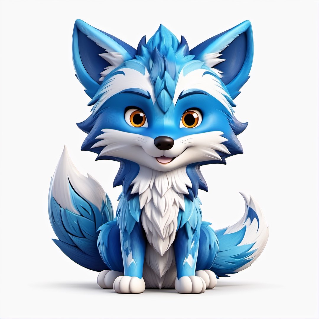 (full body) Tribal version mascot of cute and cuddly blue fox, angry expression, fighting pose, masterpiece artwork, white accent, detailed face features, sharp eyes, extremely detailed, intricate details, muted color scheme, subtle gradients, photorealistic, 8k, 3d style