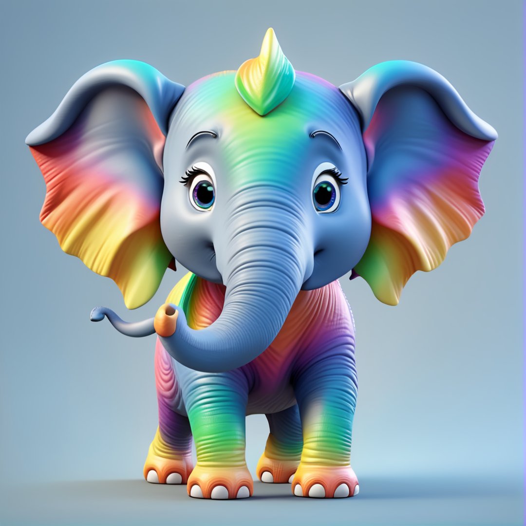 (full body) rainbow colored cute elephant, sharp eyes, extremely detailed, intricate details, muted color scheme, subtle gradients, photorealistic, 8k, 3d style,gabumon