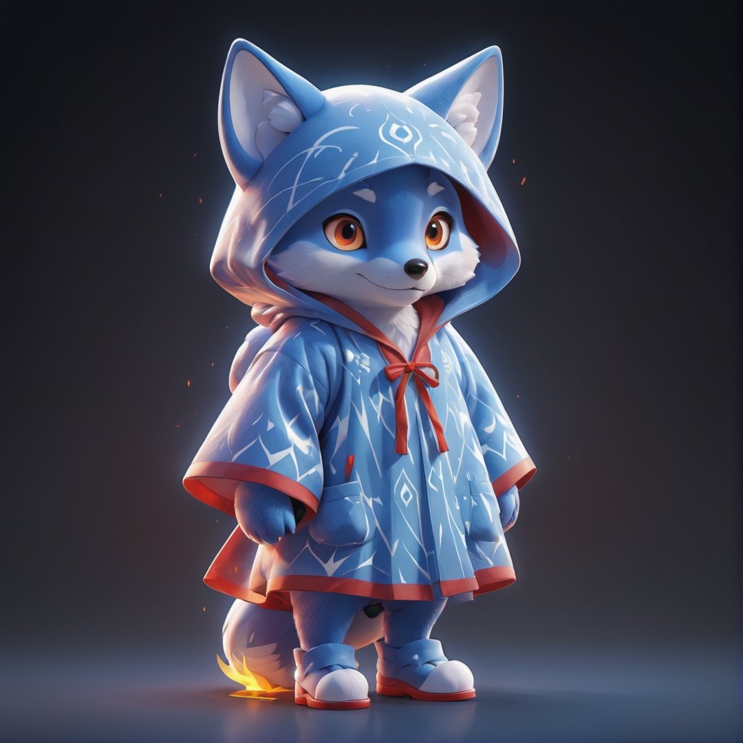 (full body) Mascot cute cuddly blue Fox, looking at camera, wearing a full red robe printed with white flame pattern, big red eyes, extremely detailed, intricate details, muted color scheme, subtle gradients, photorealistic, 8k, 3d style,3d style