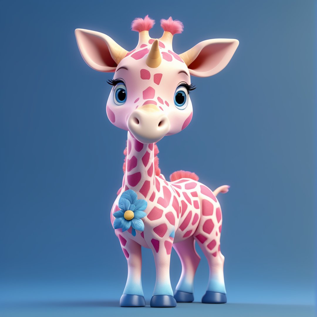 (full body) cute pink giraffe, blue skirt, sharp eyes, extremely detailed, intricate details, muted color scheme, subtle gradients, photorealistic, 8k, 3d style,gabumon