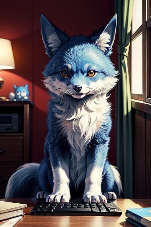 (masterpiece:1.5), (best quality:1.5), cute blue fox, animal, computer room, Comic Art Style