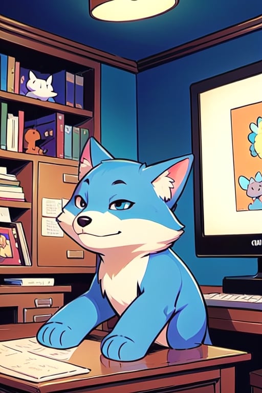 (masterpiece:1.5), (best quality:1.5), cute little blue fox, animal, computer room, Comic Art Style