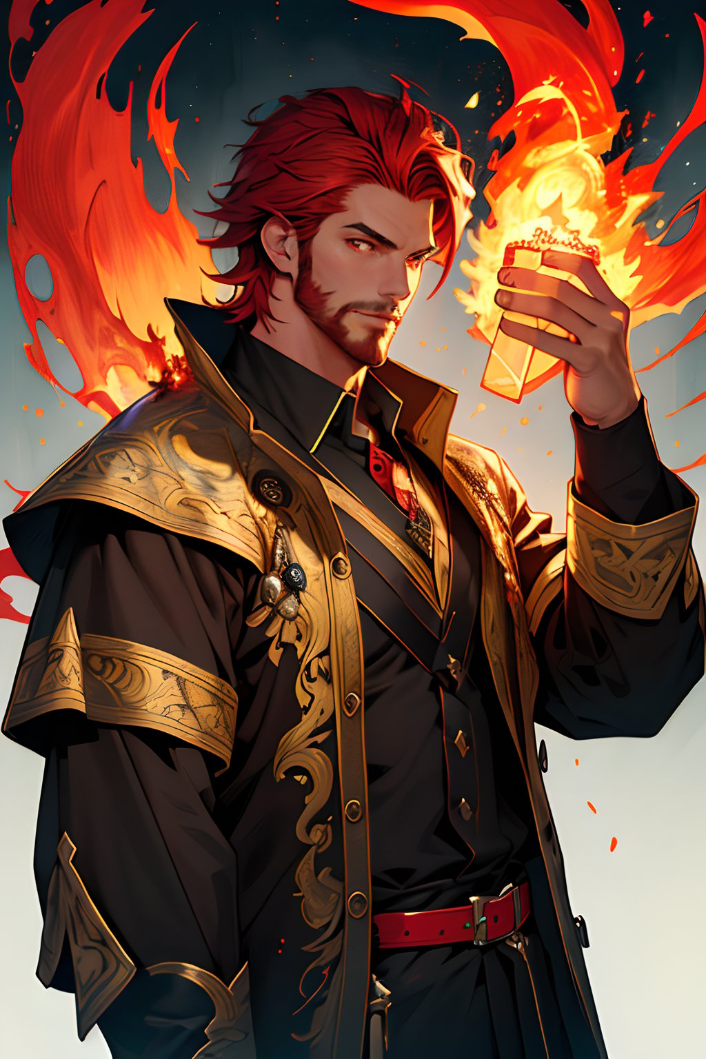 (masterpiece, best quality:1.4),(absurdres, highres, ultra detailed:1.2), (1 handsome man:1.4),(using fire magic:1.4),fire magic, playful illustrations, imaginative overlays, artistic fusion,fantastical scenes, evocative narratives, striking visuals, upper body, red hair, red eyes, future
