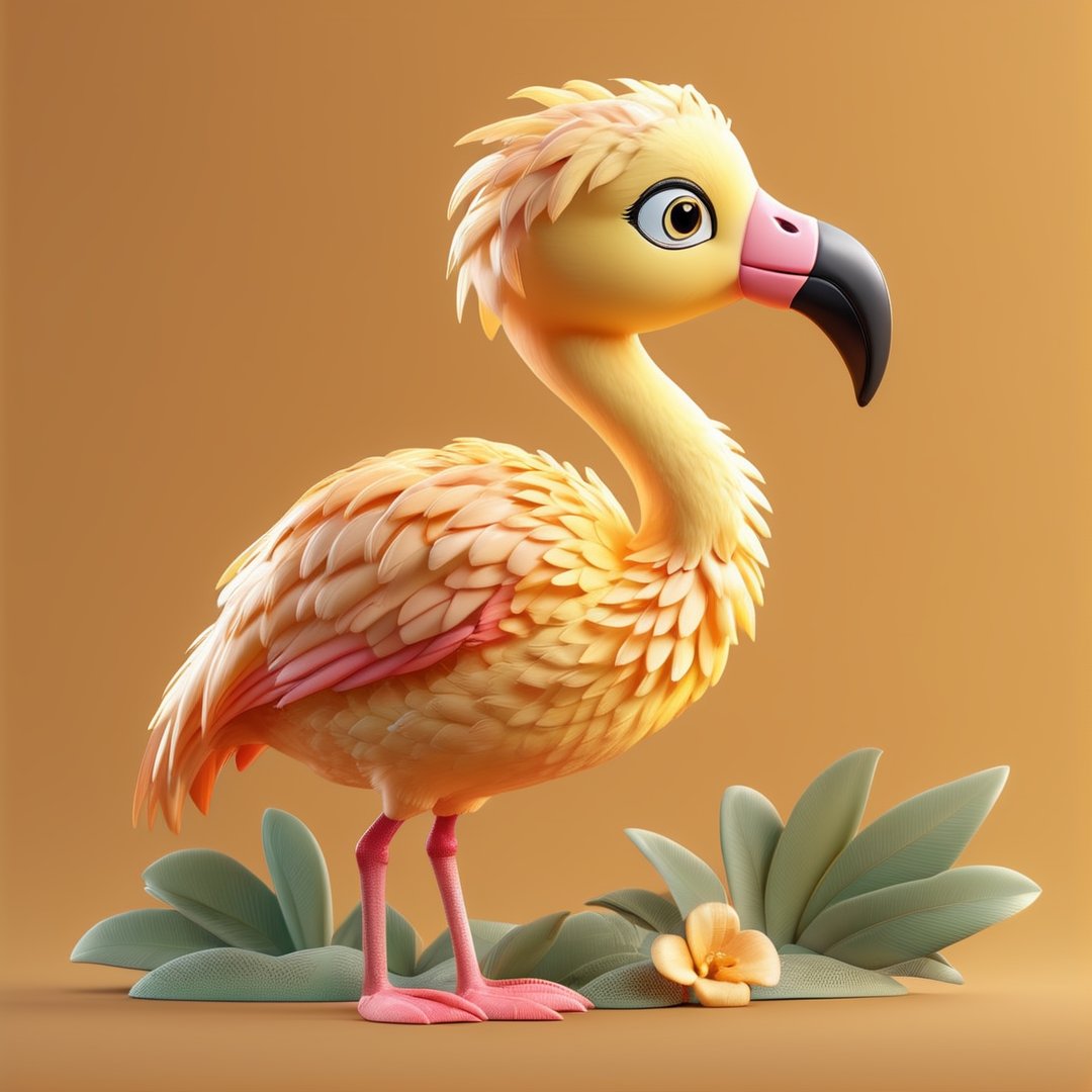 (full body) cute yellow flamingo, sharp eyes, extremely detailed, intricate details, muted color scheme, subtle gradients, photorealistic, 8k, 3d style,gabumon