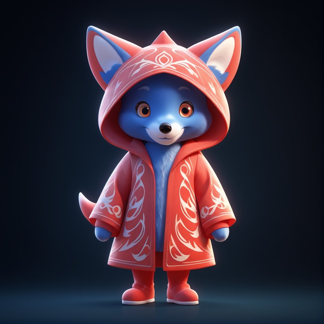 (full body) Mascot cute cuddly blue Fox, wearing a full red robe printed with white flame pattern, big red eyes, extremely detailed, intricate details, muted color scheme, subtle gradients, photorealistic, 8k, 3d style