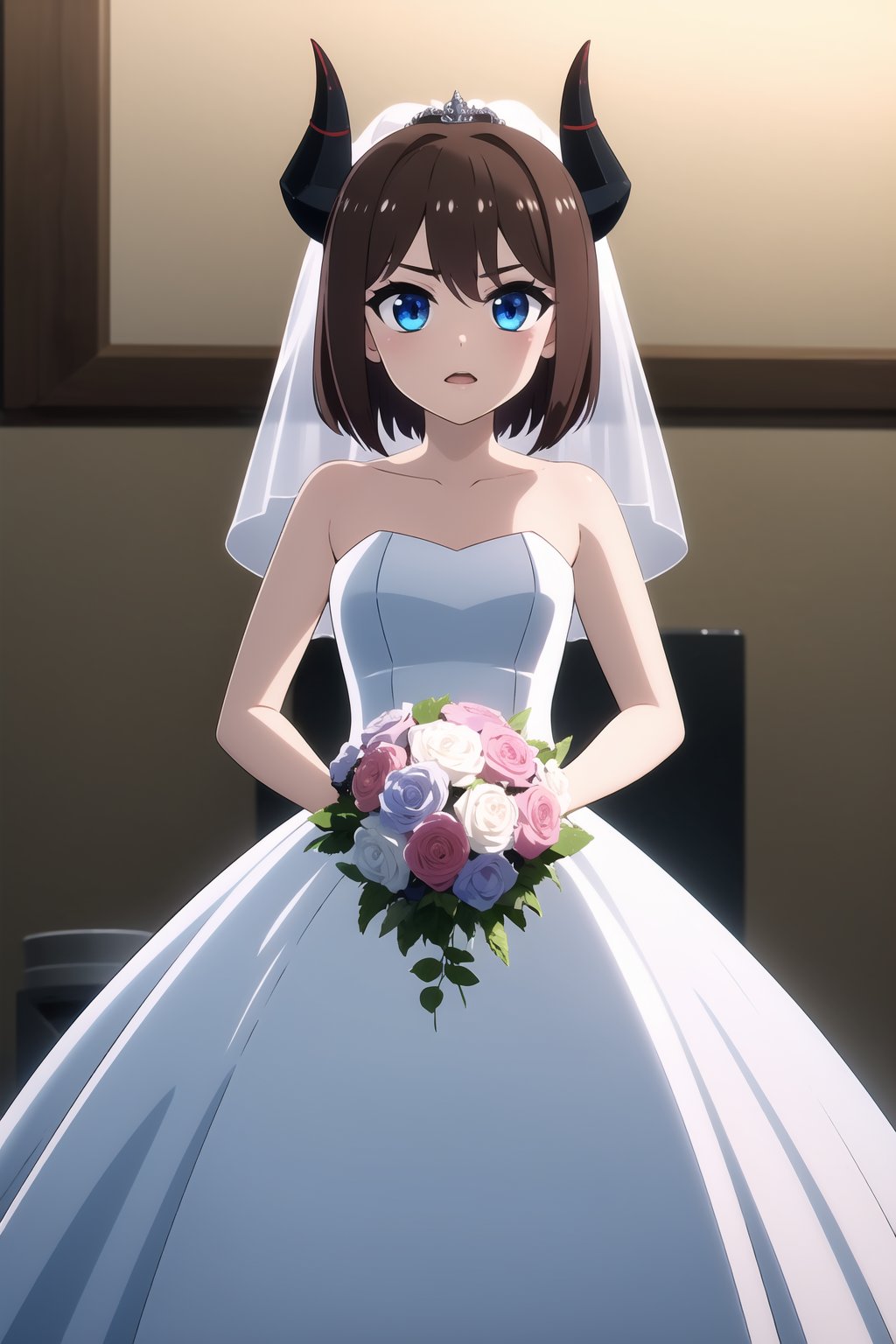 papitasvt, short hair, brown hair, horns, blue eyes, wedding Dress,