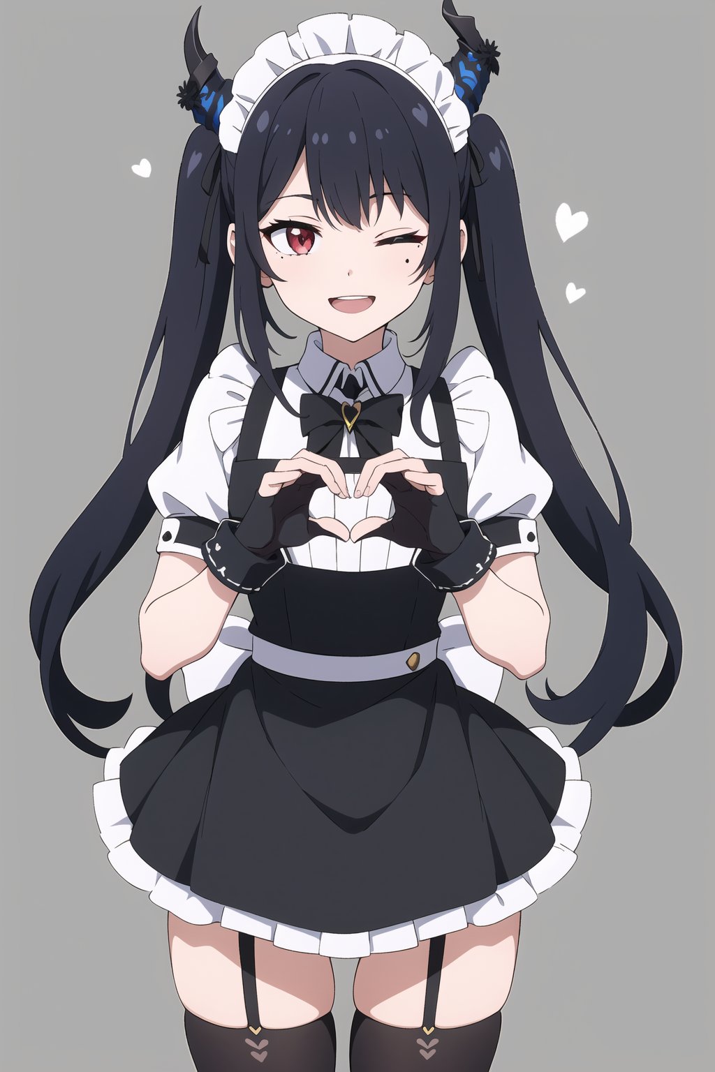 a drawing of a sexy anime maid making a heart with her hands, 1girl, solo, heart hands, one eye closed, heart, breasts, thighhighs, maid, maid headdress, mole, apron, dress, garter straps, mole under eye, white thighhighs, looking at viewer, simple background, smile, twintails, open mouth, short sleeves, wrist cuffs, ((masterpeice)), virtual youtuber, black and blue hair, long hair, black horns, asymmetrical horns, pretty eyes, perfect eyes, Red eyes, in a coffee shop