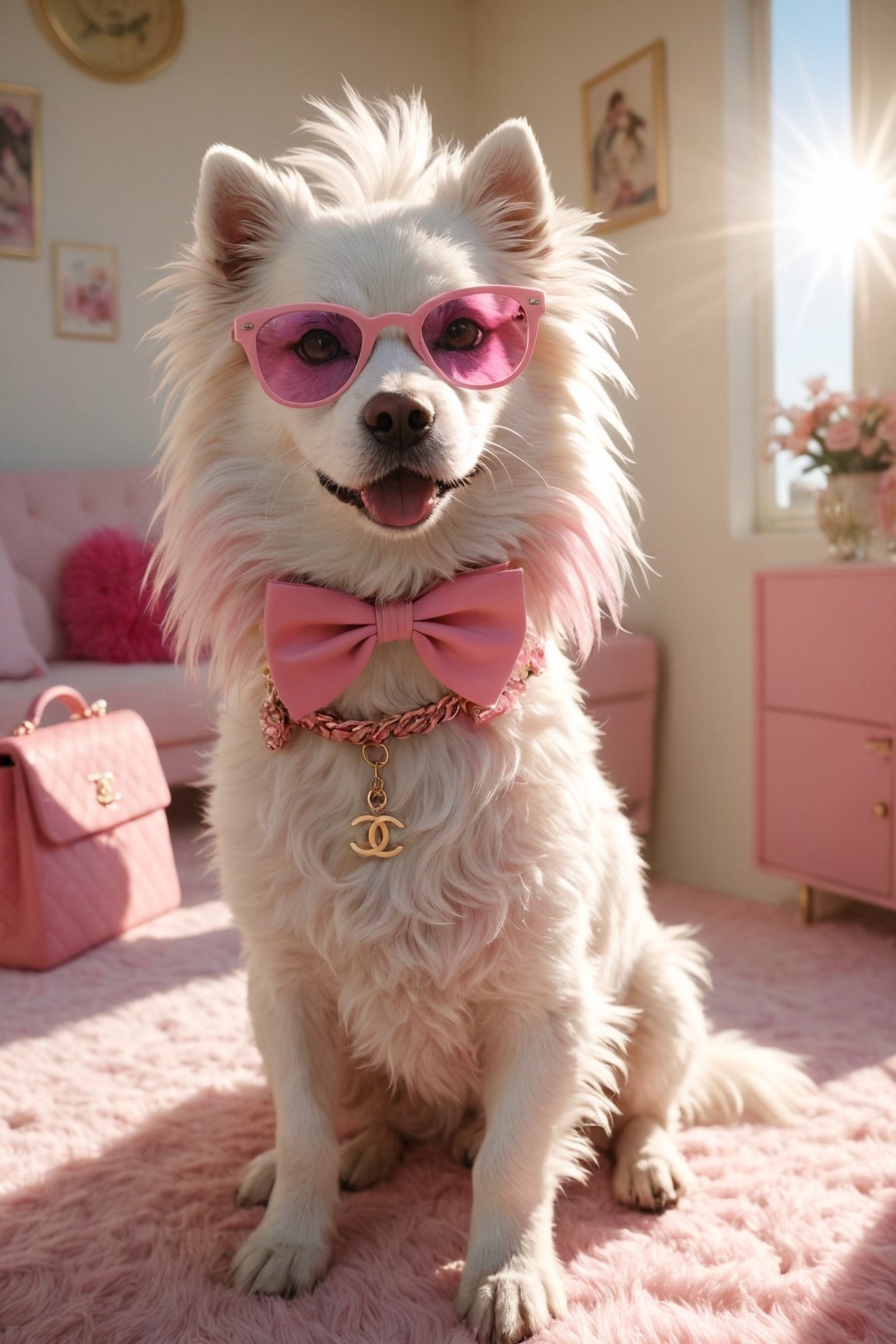 soft and hairy dog, dressed in Chanel with pink accessories, fashion glasses, bow, well decorated colorful apartment, realistic environment with sun reflections and shadows, very high quality cinematographic scenography, breathtaking scene of a great masterpiece, crazy 8k graphics, everything wonderful and detailed photorealistic, kitakoumae