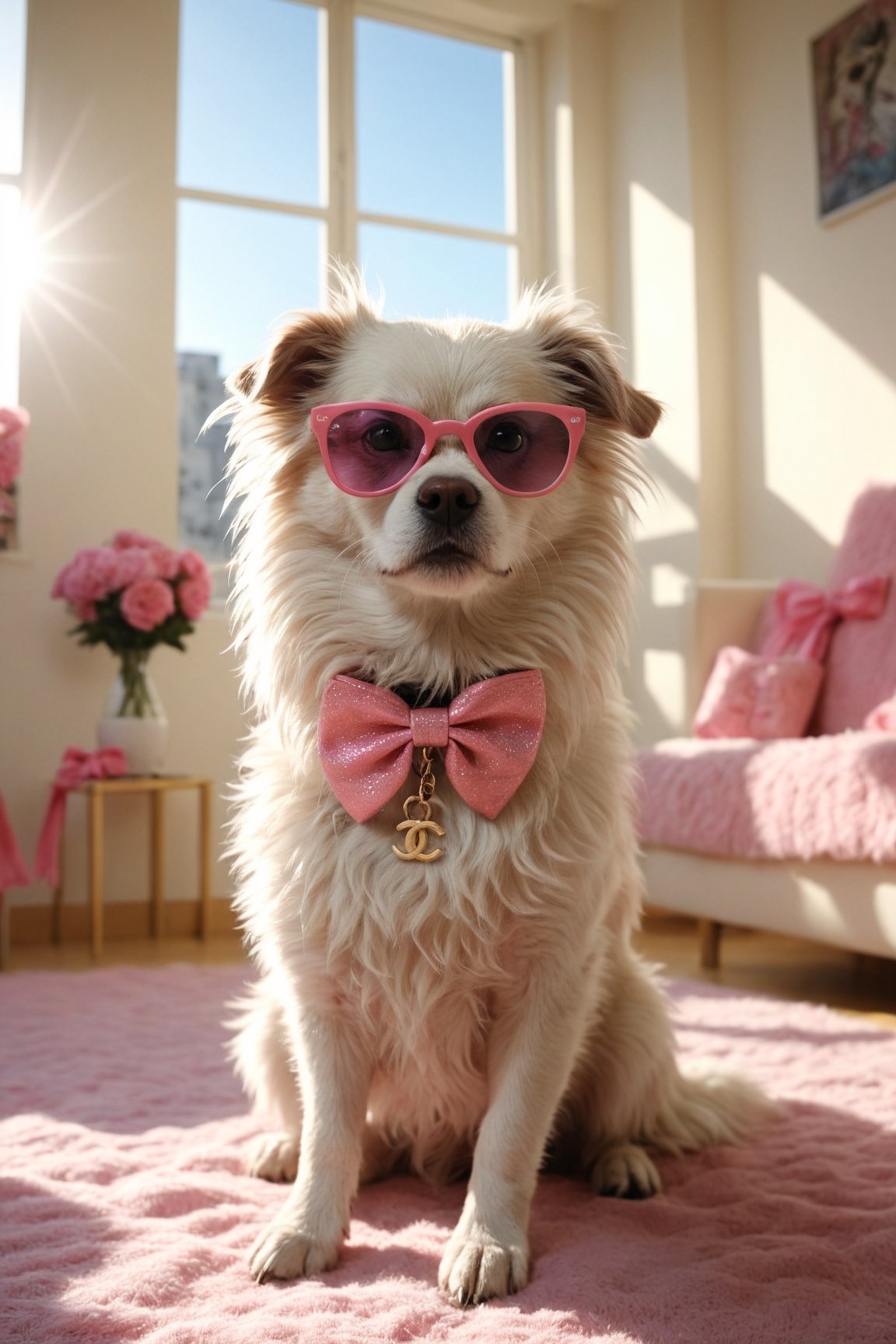 soft and hairy dog, dressed in Chanel with pink accessories, fashion glasses, bow, well decorated colorful apartment, realistic environment with sun reflections and shadows, very high quality cinematographic scenography, breathtaking scene of a great masterpiece, crazy 8k graphics, everything wonderful and detailed photorealistic, kitakoumae