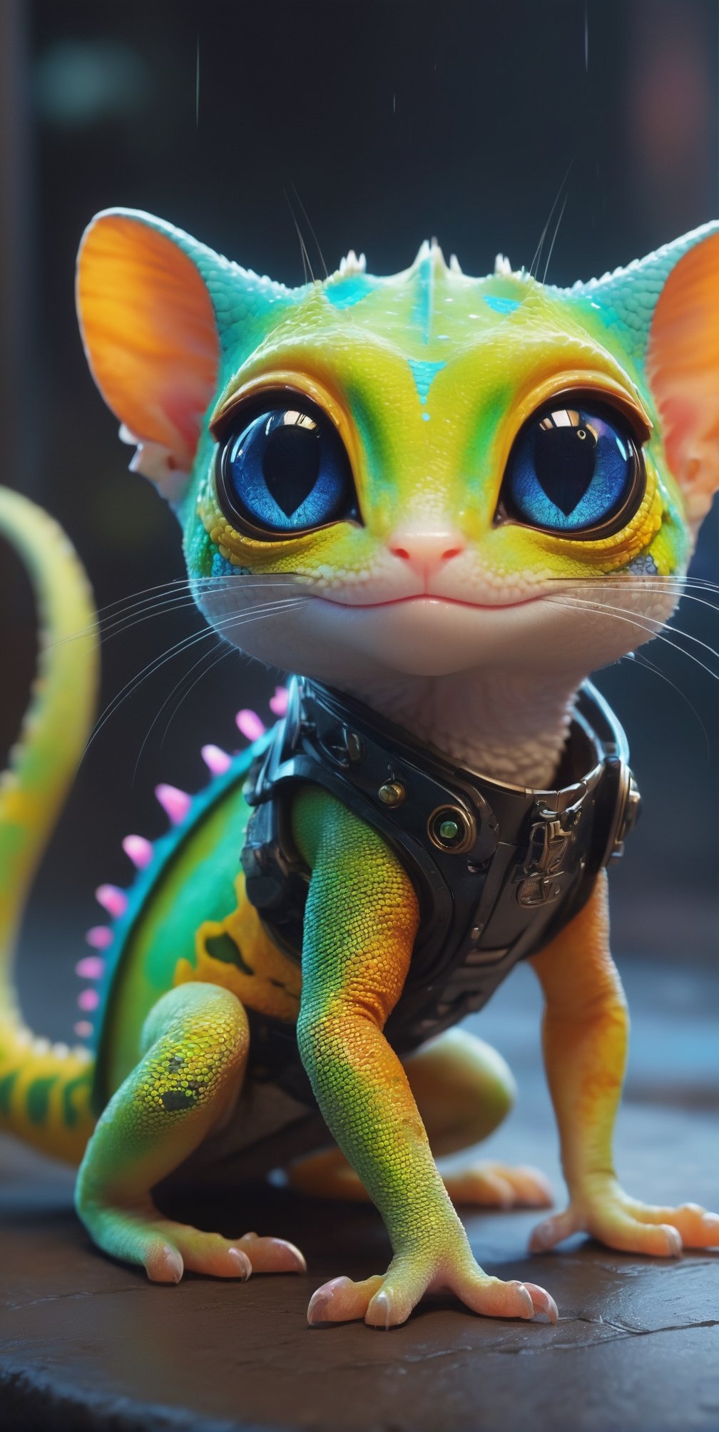 (best quality,8K,highres,masterpiece), ultra-detailed, (character design, creature design, concept art), cute gecko with big eyes and chameleon-skin, featuring adorable cat paws. The whimsical combination of features results in a charming and imaginative portrayal of this fantastical creature.,cyberpunk style