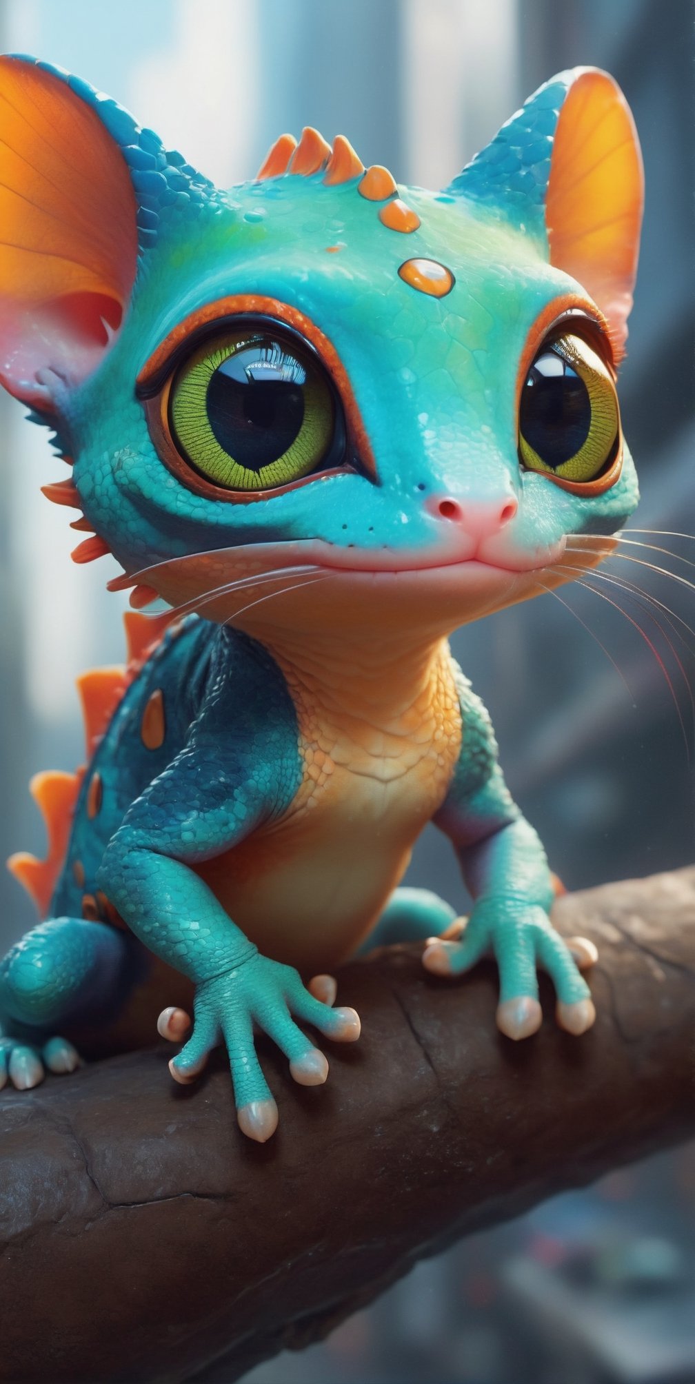 (best quality,8K,highres,masterpiece), ultra-detailed, (character design, creature design, concept art), cute gecko with big eyes and chameleon-skin, featuring adorable cat paws. The whimsical combination of features results in a charming and imaginative portrayal of this fantastical creature.,cyberpunk style