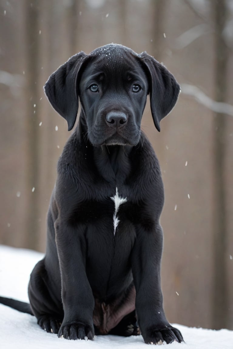 A black Great Dane puppy in winter. 