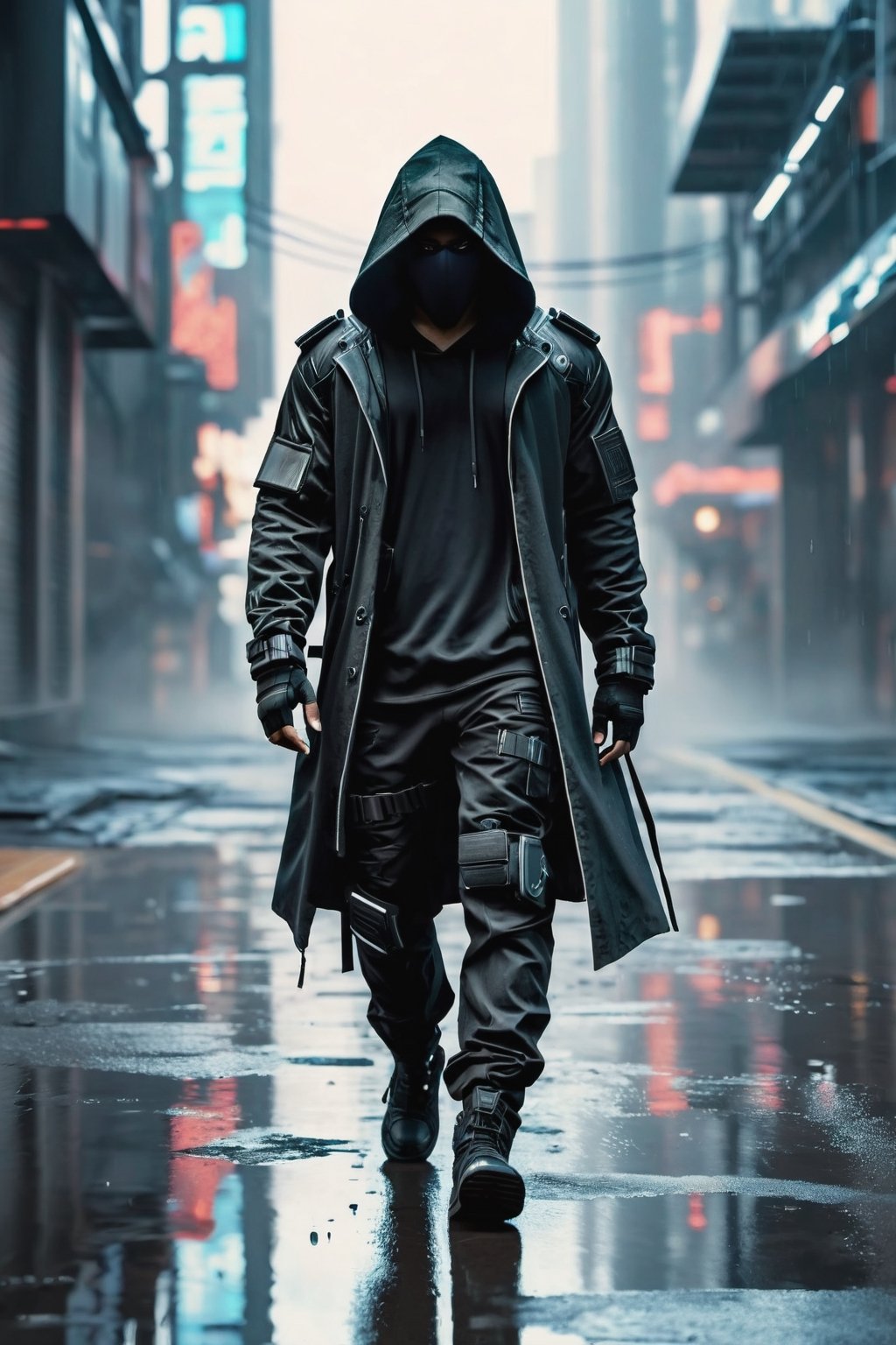 hooded man with obscured face in cyberpunk suit walking in an apocalyptic city, with gas and smoke leaks, stormy sky rain and wet streets with reflections in puddles of water, realistic shadows, all very detailed, high resolution, 4k, photo realistic with reflections and points of light, matrix style