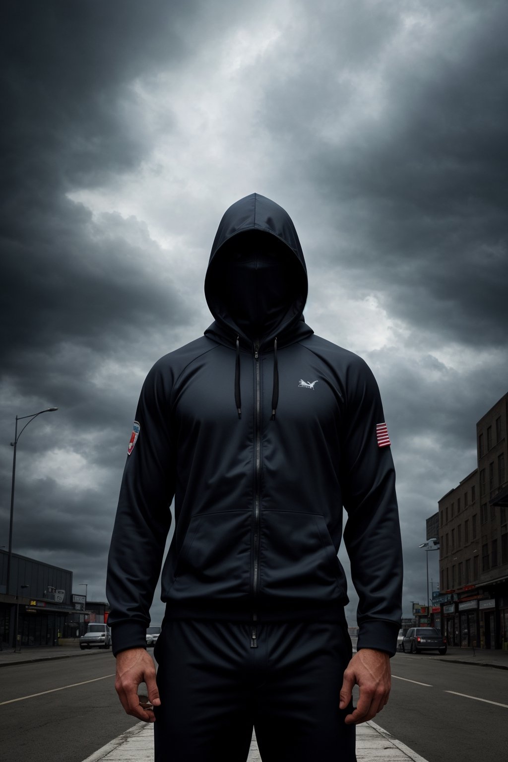 armed man, sports suit with hood, obscured face, stormy sky, city, photorealistic, thriller theme, smoke, high resolution photo, 4k, full detailed