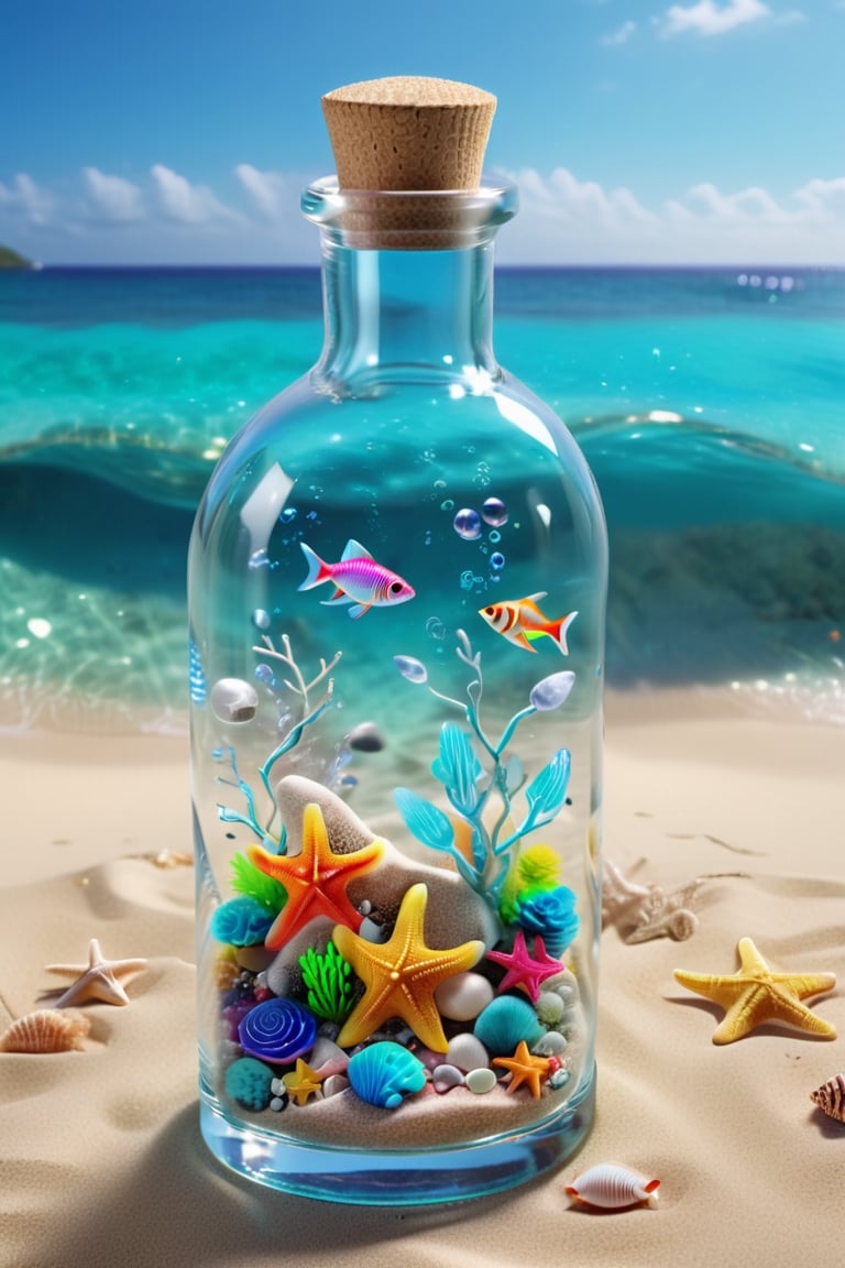 ultra detailed translucent clear glass bottle, with neon fish inside, on an exotic beach, ultra realistic and detailed sand and sea, with shells and starfish, neon glow, light particles, colorful, CMYK colors, backlight, results for a cinematographic advertisement, a work of realistic beauty with plays of light, shadows and sun reflections, to make the work a true 8k ultra hdr masterpiece,