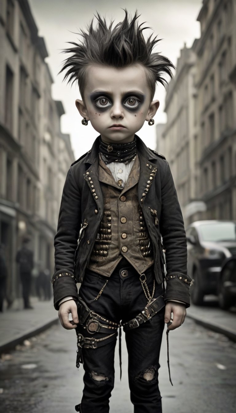 19th century punk, cinematic, vintage, daguerreotype photo, mixed media collage, double exposure, emotionally expressive Oliver Twist as Victorian era punk rocker street urchin, big pleading eyes, Tim Burton, Mark Ryden, Mohawk hairdo, eyeliner, London streets background, tattered punk clothing, metal studs.