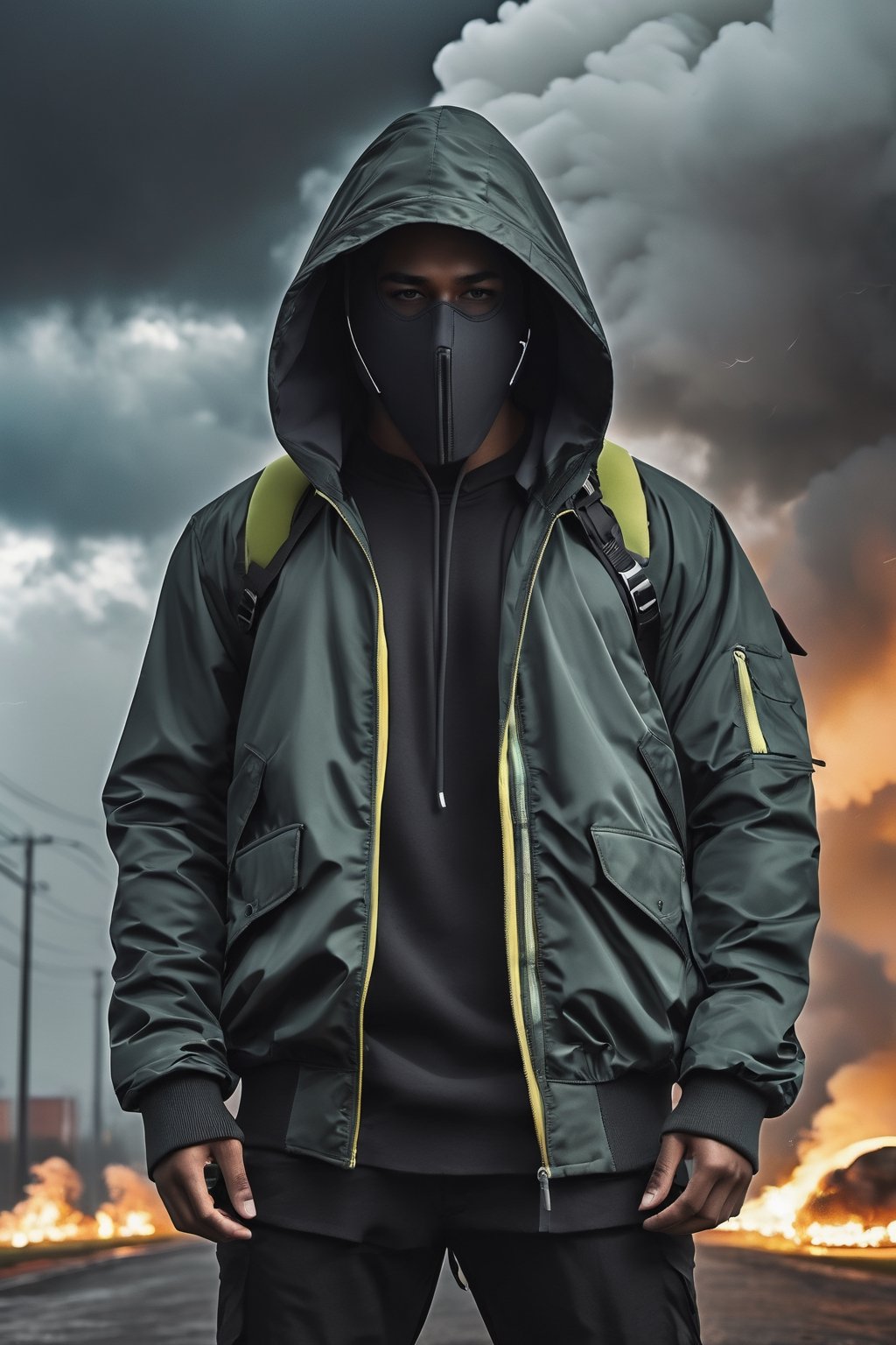 man with hood, mixed pose, modern clothes, modern suit, face obscured or with mask, with accessories, backpack,, stormy sky, photorealistic, thriller theme, smoke, high resolution photo, 4k, full detailed, Portrait, realistic, chloting colorfull, Matrix background, full position, apocalict scene