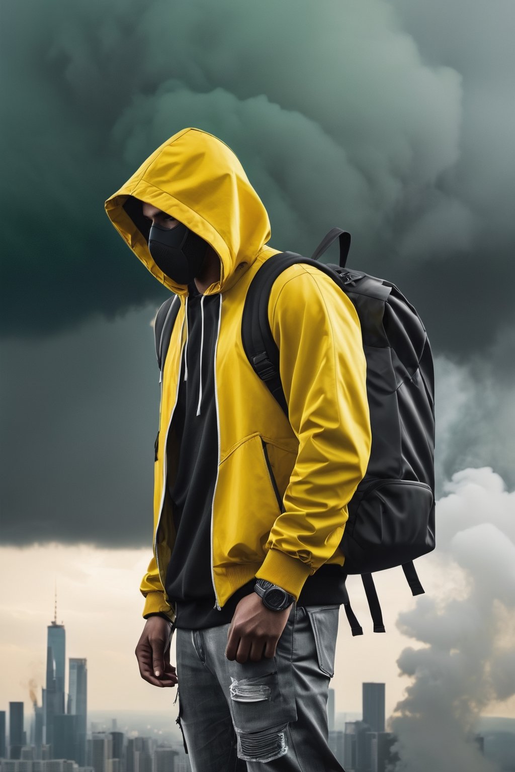 man with hood, mixed pose, modern clothes, modern suit, face obscured or with mask, with accessories, backpack,, stormy sky, photorealistic, thriller theme, smoke, high resolution photo, 4k, full detailed, Portrait, realistic, chloting colorfull White or Red or Yellow or green, Matrix background, full position, apocalict scene