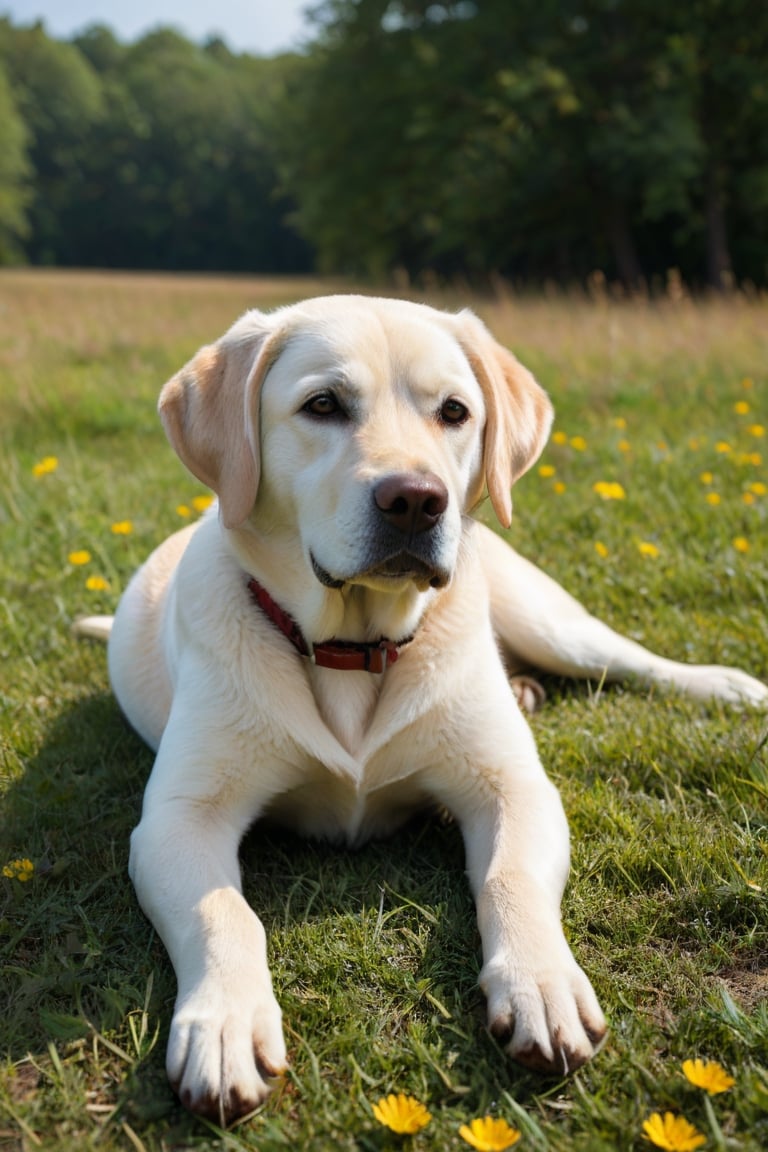 labrador retriever lying on a beautiful summer day