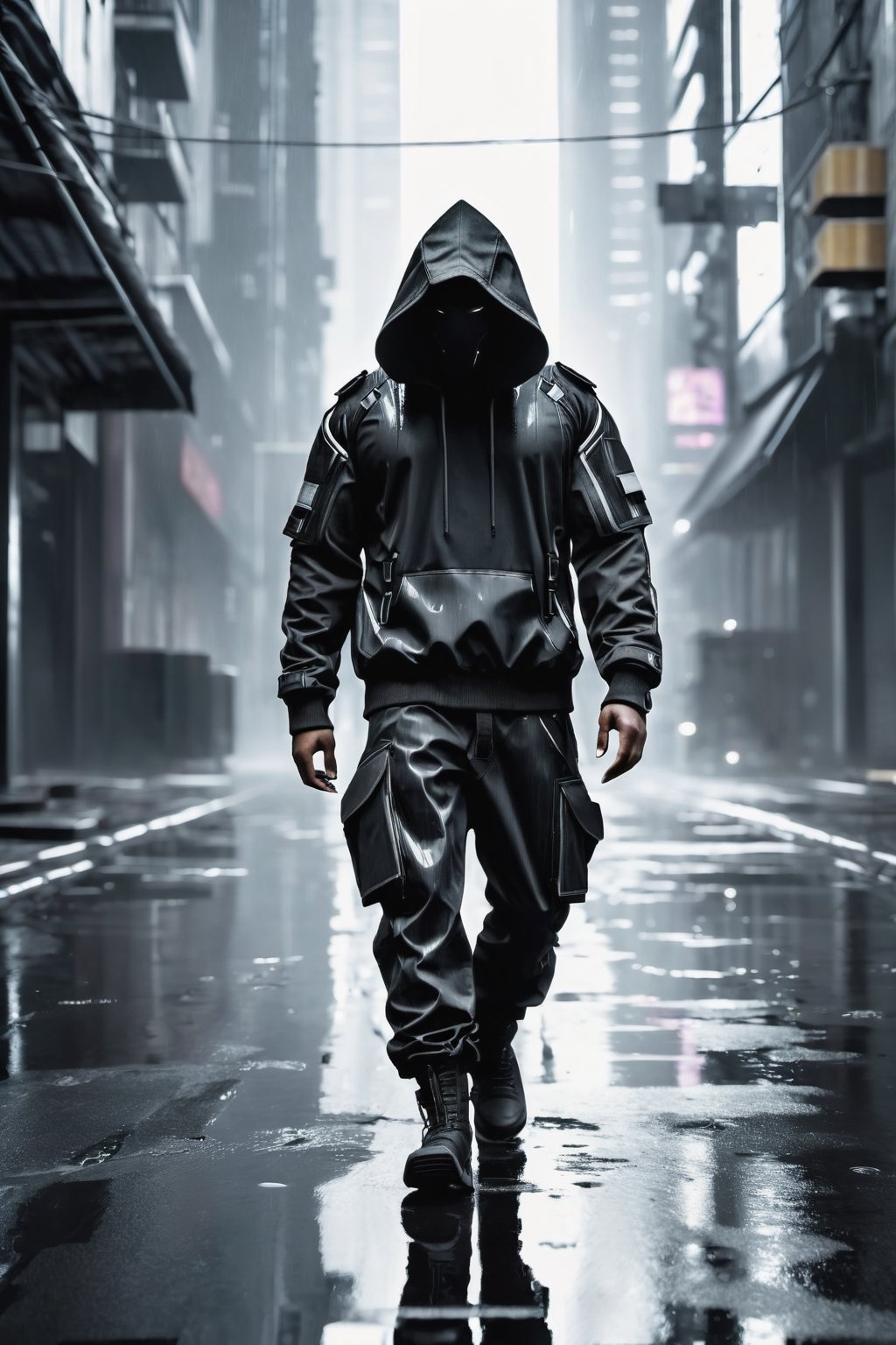 hooded man with obscured face in cyberpunk suit walking in an apocalyptic city, with gas and smoke leaks, stormy sky rain and wet streets with reflections in puddles of water, realistic shadows, all very detailed, high resolution, 4k, photo realistic with reflections and points of light, matrix style, chloting black and White 