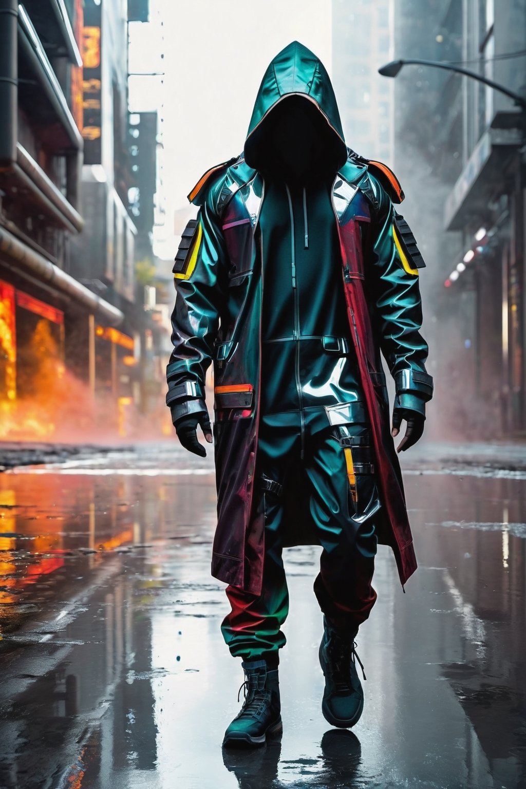 hooded man with obscured face, colorful cyberpunk suit of the future, walking in an apocalyptic city, with gas and smoke leaks, reddish and cloudy sky with flares, bad day with wind and rain, wet streets with reflections in puddles of water, realistic shadows, all very detailed, high resolution, 4k, realistic photo with reflections and points of light, matrix style, clots of  white, dress in high definition paying attention to details with reflections and shadows