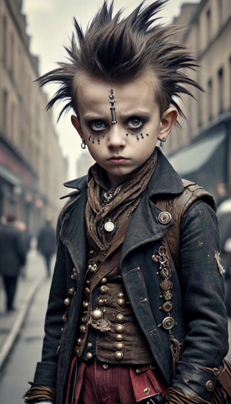 19th century punk, cinematic, vintage, daguerreotype photo, mixed media collage, double exposure, emotionally expressive Oliver Twist as Victorian era punk rocker street urchin, big pleading eyes, Tim Burton, Mark Ryden, Mohawk hairdo, eyeliner, London streets background, tattered punk clothing, metal studs.