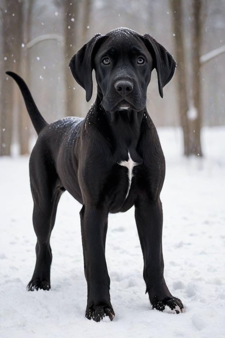 A black Great Dane puppy in winter. 