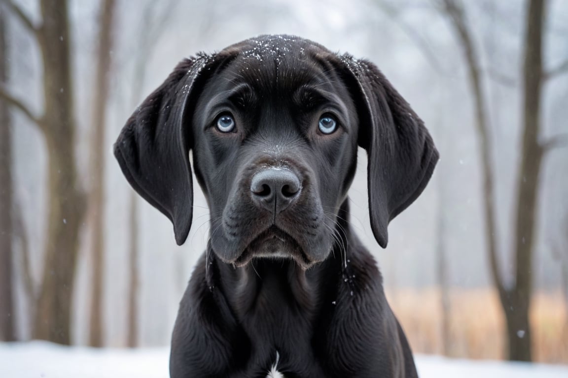 A black Great Dane puppy in winter. 