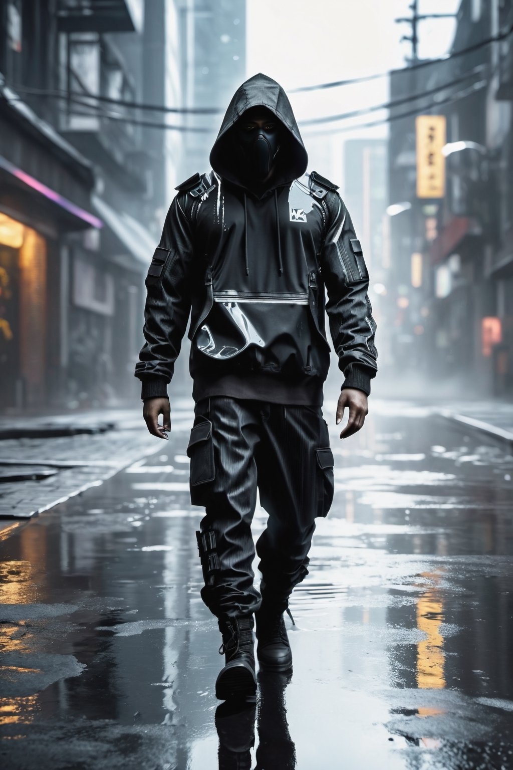 hooded man with obscured face in cyberpunk suit walking in an apocalyptic city, with gas and smoke leaks, stormy sky rain and wet streets with reflections in puddles of water, realistic shadows, all very detailed, high resolution, 4k, photo realistic with reflections and points of light, matrix style, chloting black and White 