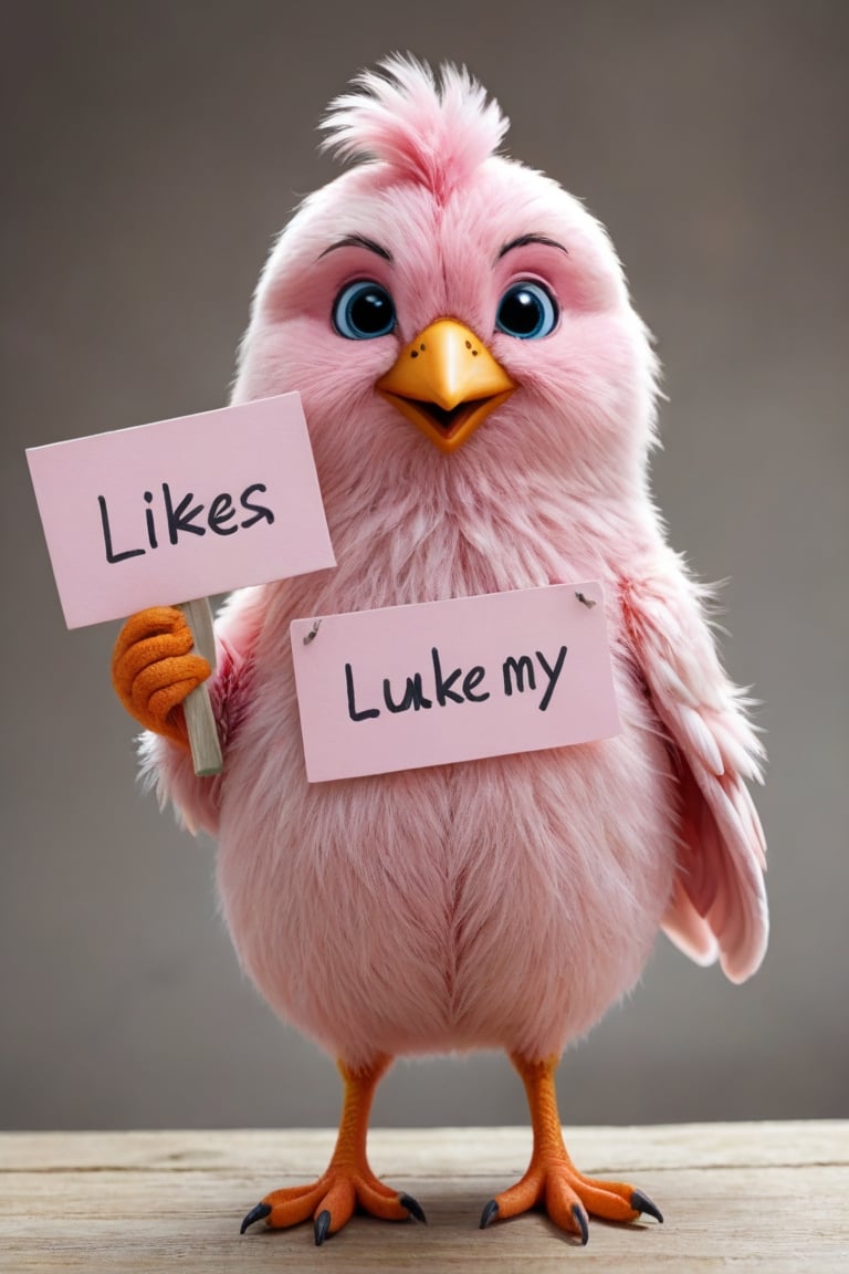 a furry, cute and soft mupped pink bird holding a sign that says "likes my"