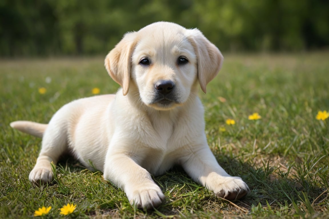 labrador retriever puppy lying on a beautiful summer day