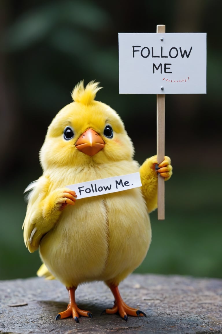 a furry, cute and soft mupped yellow bird holding a sign that says "follow me plese"