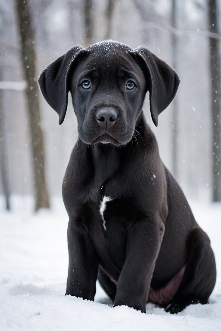 A black Great Dane puppy in winter. 