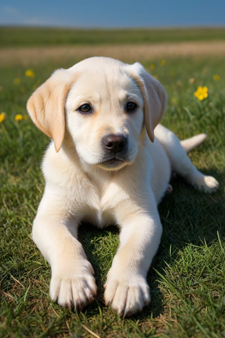 labrador retriever puppy lying on a beautiful summer day