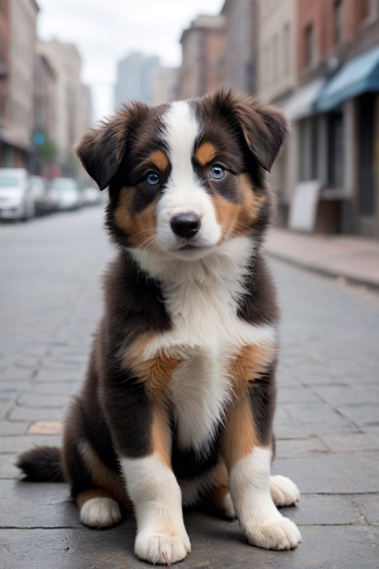 Photo realistico, Australian shepherd puppy , street background