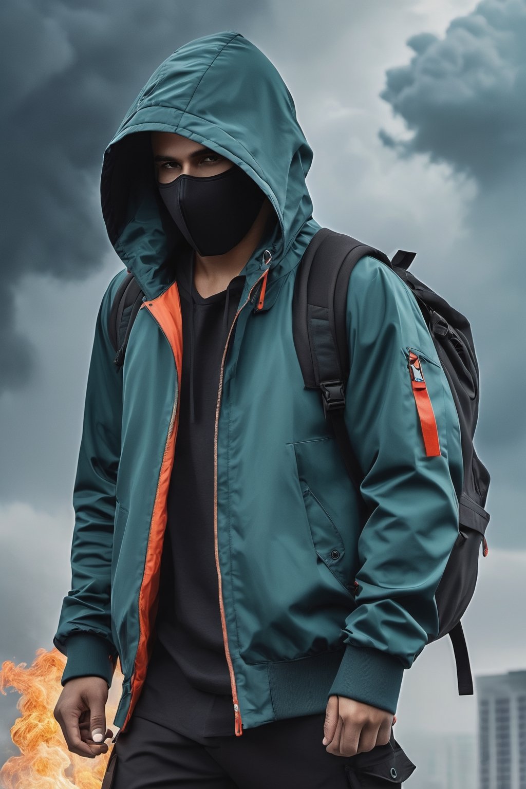 man with hood, mixed pose, modern clothes, modern suit, face obscured or with mask, with accessories, backpack,, stormy sky, photorealistic, thriller theme, smoke, high resolution photo, 4k, full detailed, Portrait, realistic, chloting colorfull, Matrix background 