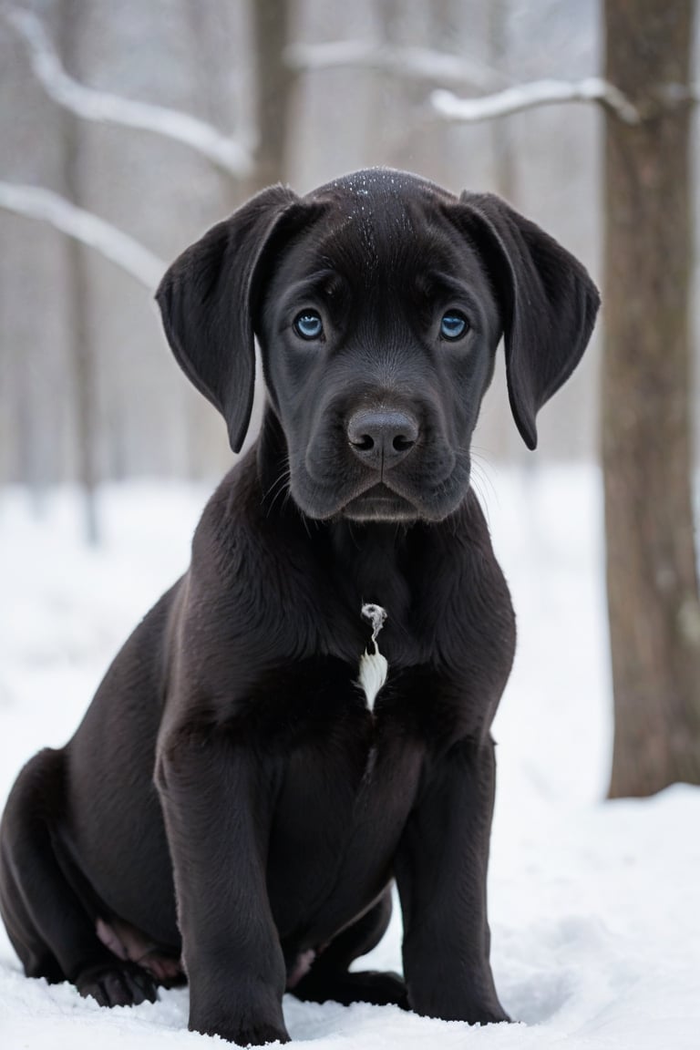 A black Great Dane puppy in winter. 