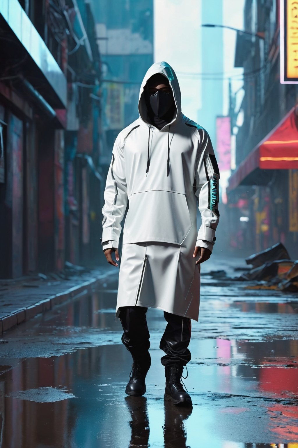 hooded man with obscured face, colorful cyberpunk suit of the future, walking in an apocalyptic city, with gas and smoke leaks, reddish and cloudy sky with flares, bad day with wind and rain, wet streets with reflections in puddles of water, realistic shadows, all very detailed, high resolution, 4k, realistic photo with reflections and points of light, matrix style, clots of  white, dress in high definition paying attention to details with reflections and shadows