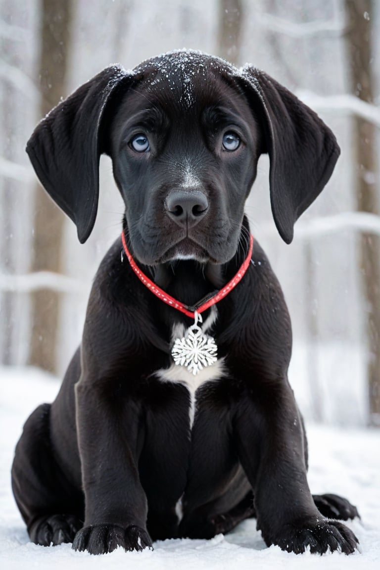 A black Great Dane puppy in winter. 