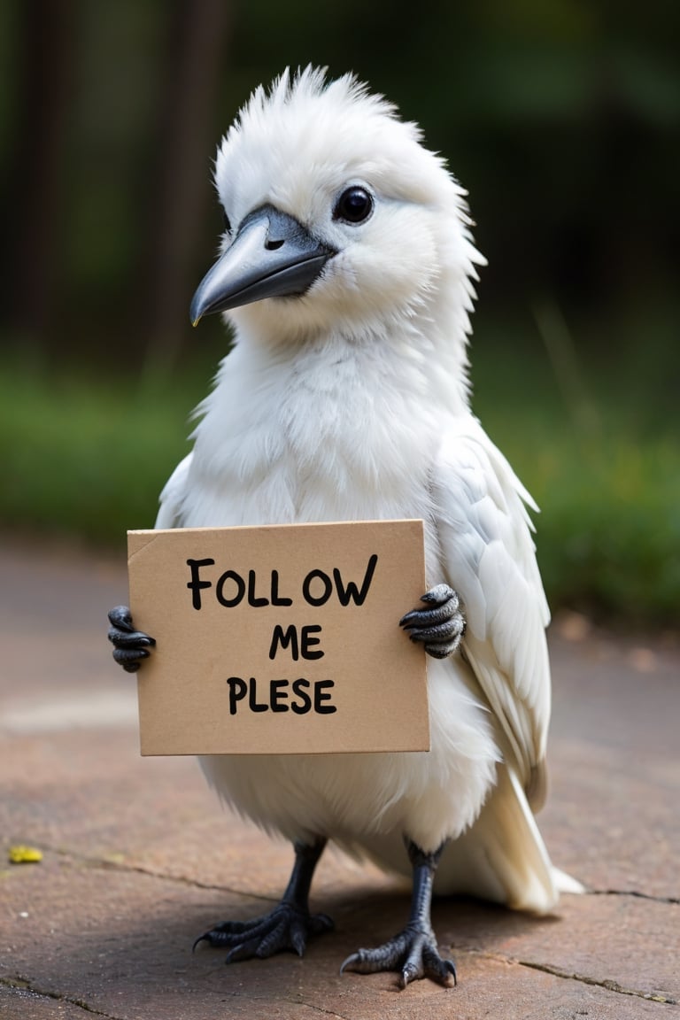 a furry, cute and soft mupped white bird holding a sign that says "follow me plese"