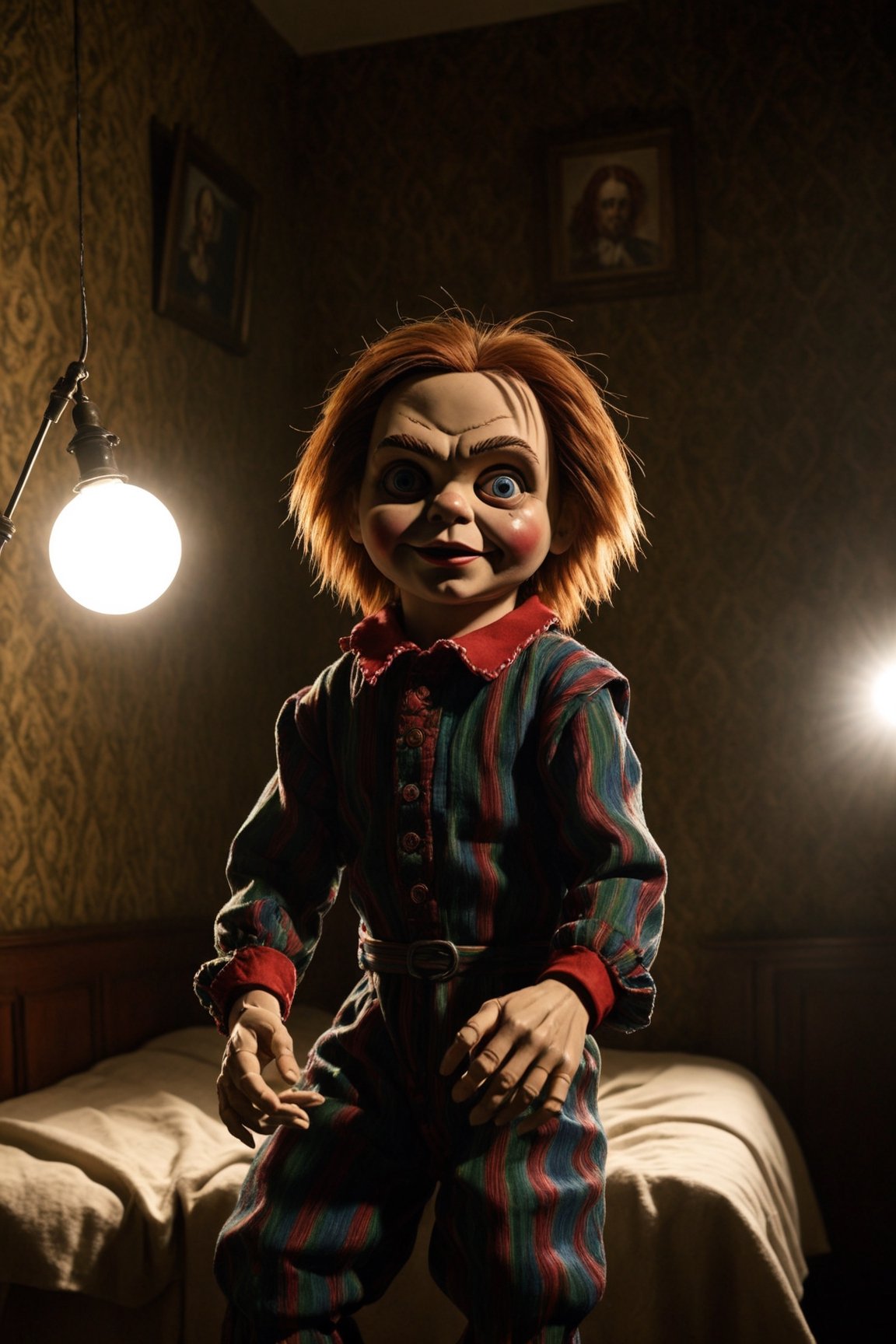 realistic puppet from the film Child's Play, in the baroque style horror bedroom, realistic environment with solar reflections and shadows, very high quality cinematographic scenography, breathtaking scene of a great masterpiece, crazy 8k graphics, everything wonderful and photorealistic detailed, kitakoumae