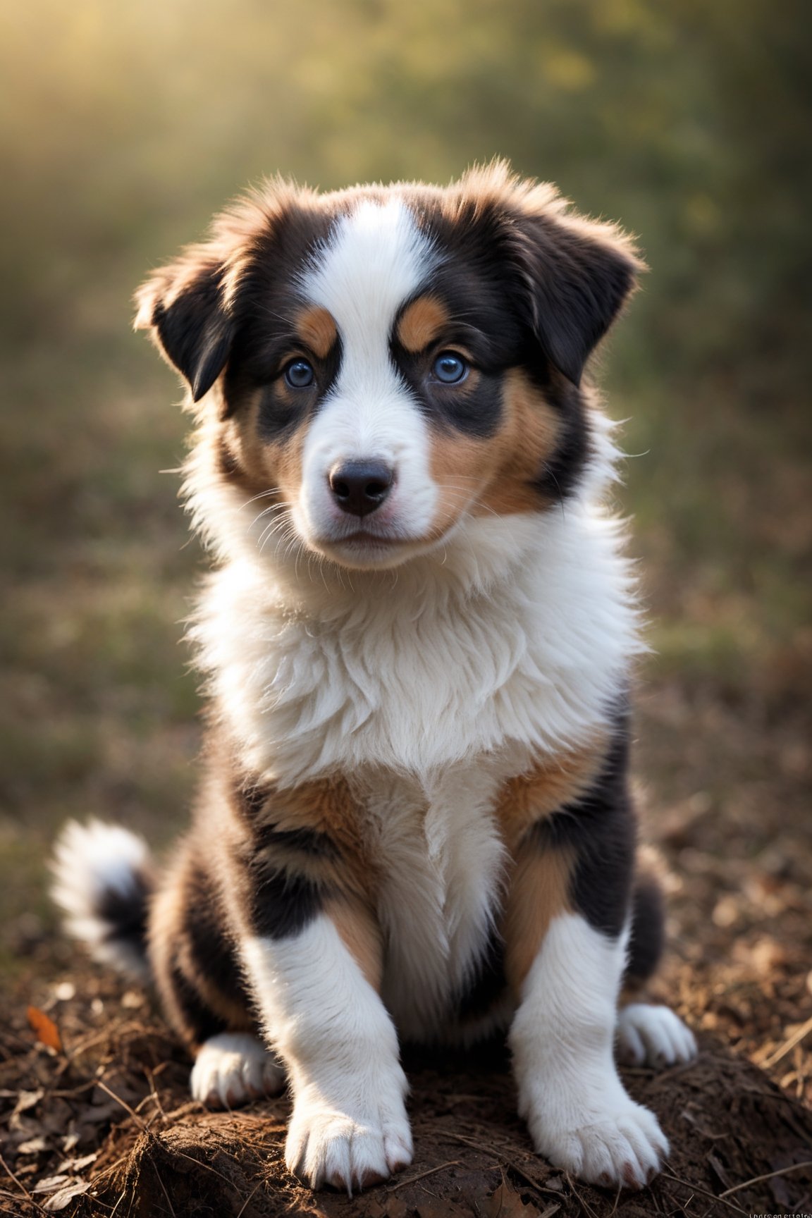 Australian shepherd, puppy realistic photo, sweet atmosphere, all very detailed, masterpiece