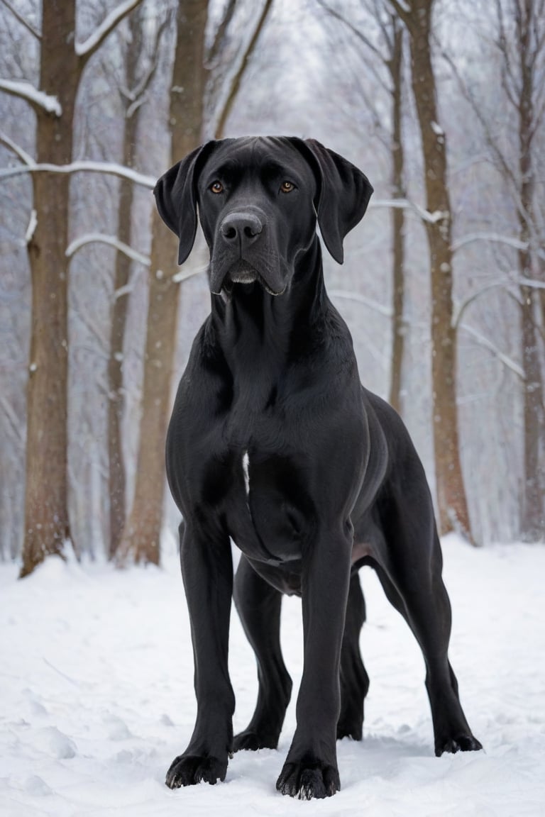 A black Great Dane  in winter. 