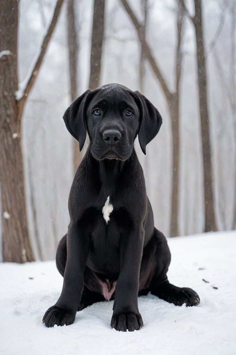 A black Great Dane puppy in winter. 