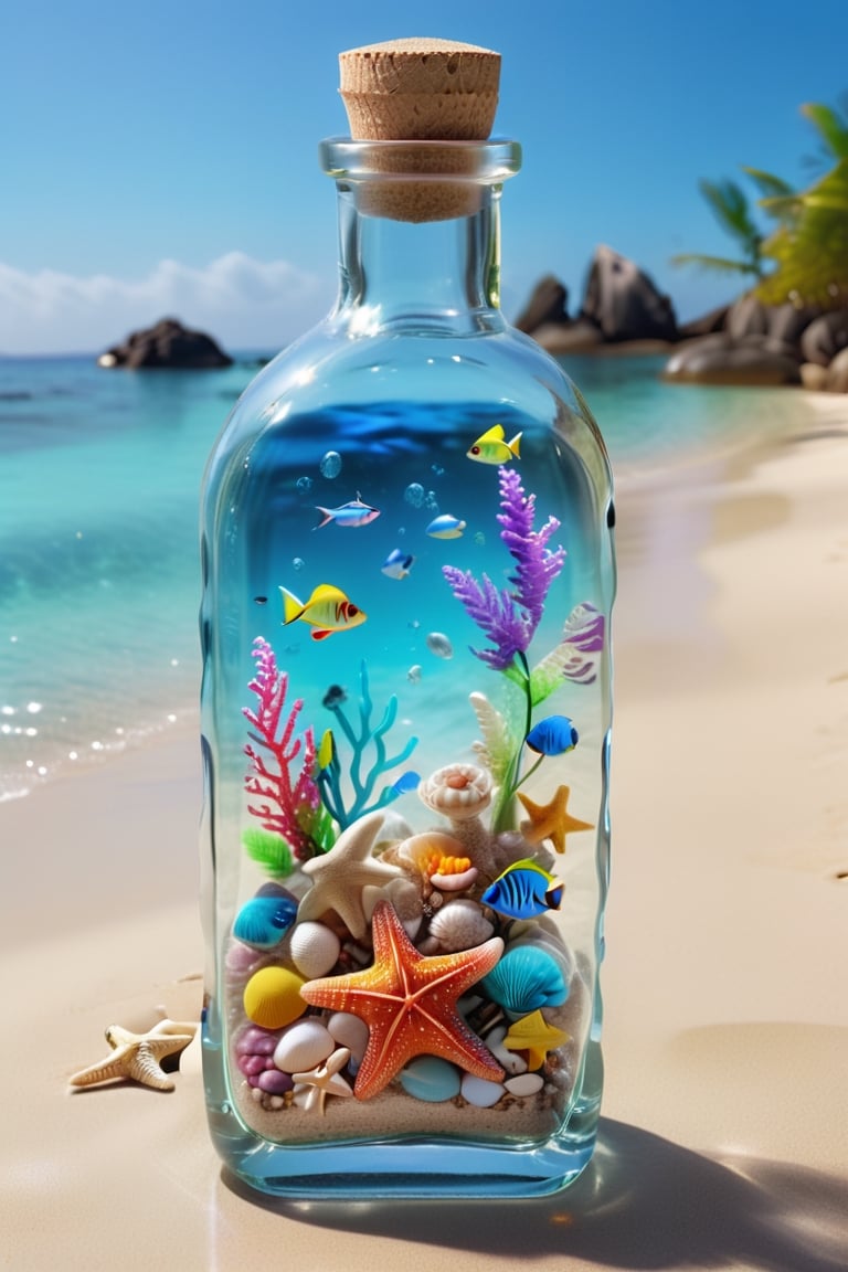 ultra detailed translucent transparent glass bottle, with neon fish inside, bottle effect bathed in the sea on the shore of an exotic beach, ultra realistic and detailed sand with shells and starfish, neon glow, light particles, colourful, CMYK colours, backlight, results for a cinematographic advertisement, work of realistic beauty with plays of light, shadows and sun reflections, to make the work a true 8k ultra hdr masterpiece,