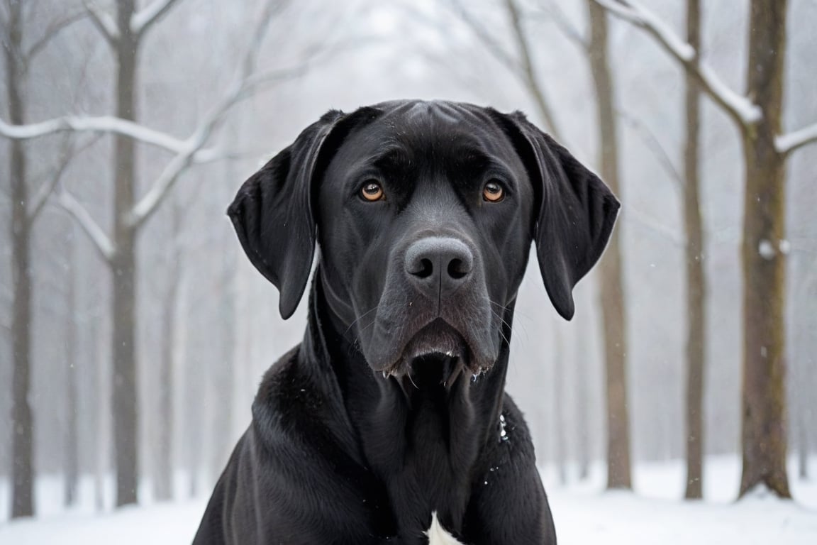 A black Great Dane  in winter. 