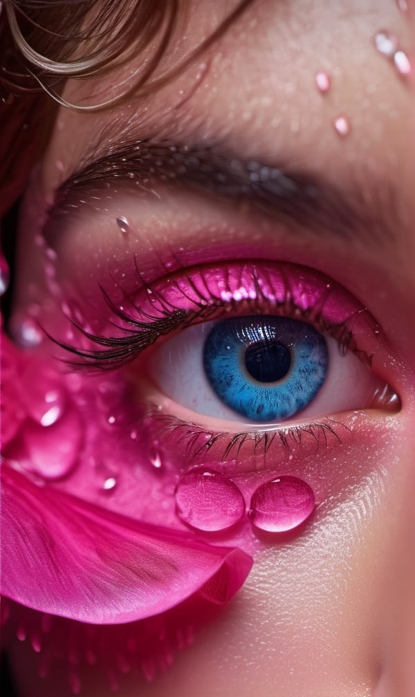 portrait of beautiful eyes, hyper 8K detailed painting, pink Silk, raining droplets on skin, lighting hyper-detailed intricately detailed art trending on Artstation triadic colors Unreal Engine 5 volumetric lighting, perfect composition, beautiful detailed intricate insanely detailed octane render trending on artstation, 8 k artistic photography, photorealistic concept art, soft natural volumetric cinematic perfect light, chiaroscuro, award-winning photograph, masterpiece