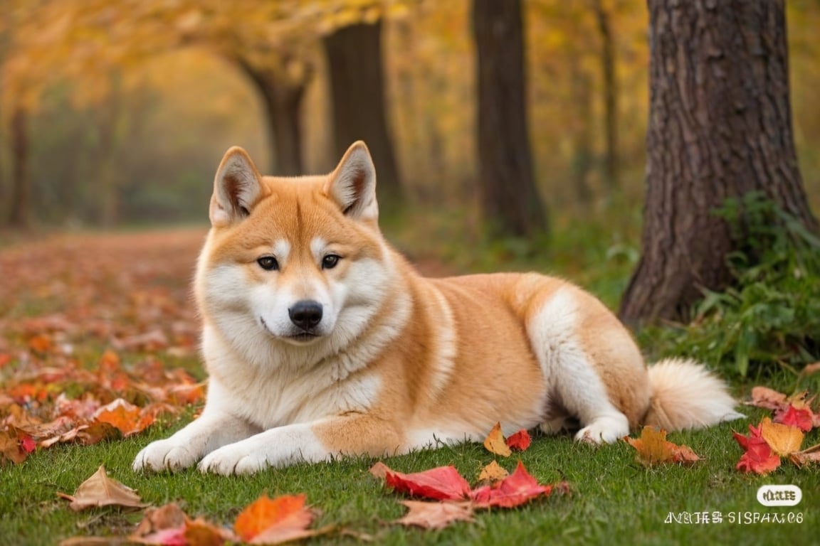 Un cucciolo di Akita Inu, di un mese di età, sdraiato, posa buffa, in autunno, ambiente realistico con luci e ombre tutto molto dettagliato di alta qualità, capolavoro fotoscenico da copertina,cat,lying on the ground