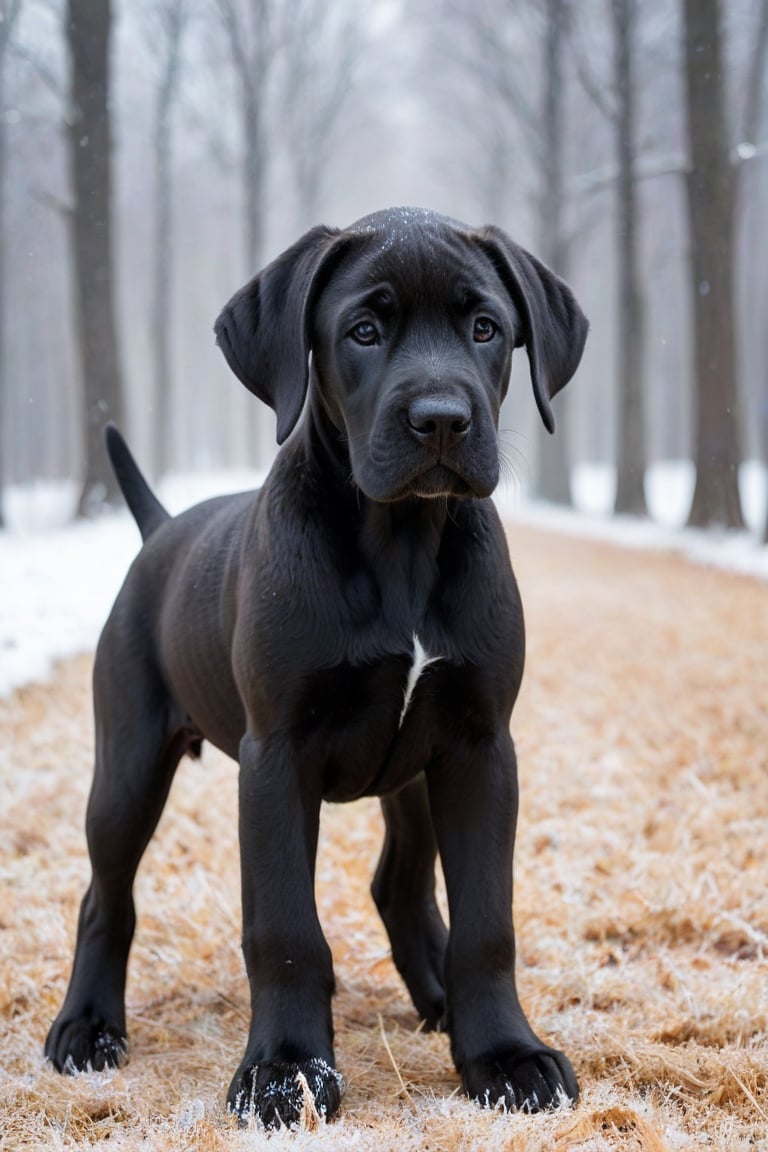 A black Great Dane puppy in winter. 